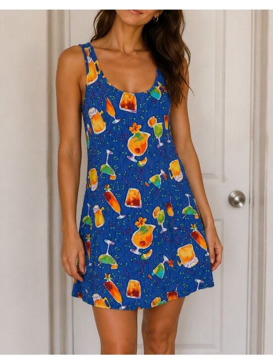 Dresses & Skirts - Vintage Tropical Cocktail Print Sheath Mini Dress Martini Margarita Tie Back S